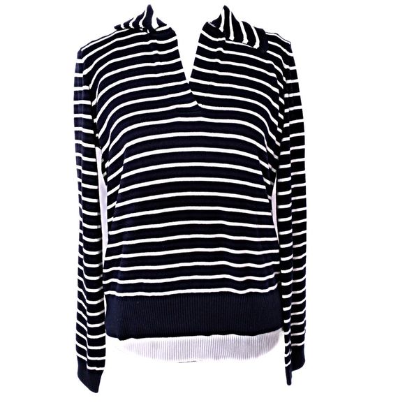 ESMARA Womens Blue Striped Polo V-Neck Long Sleeve Pullover Sweater Small - Picture 1 of 12